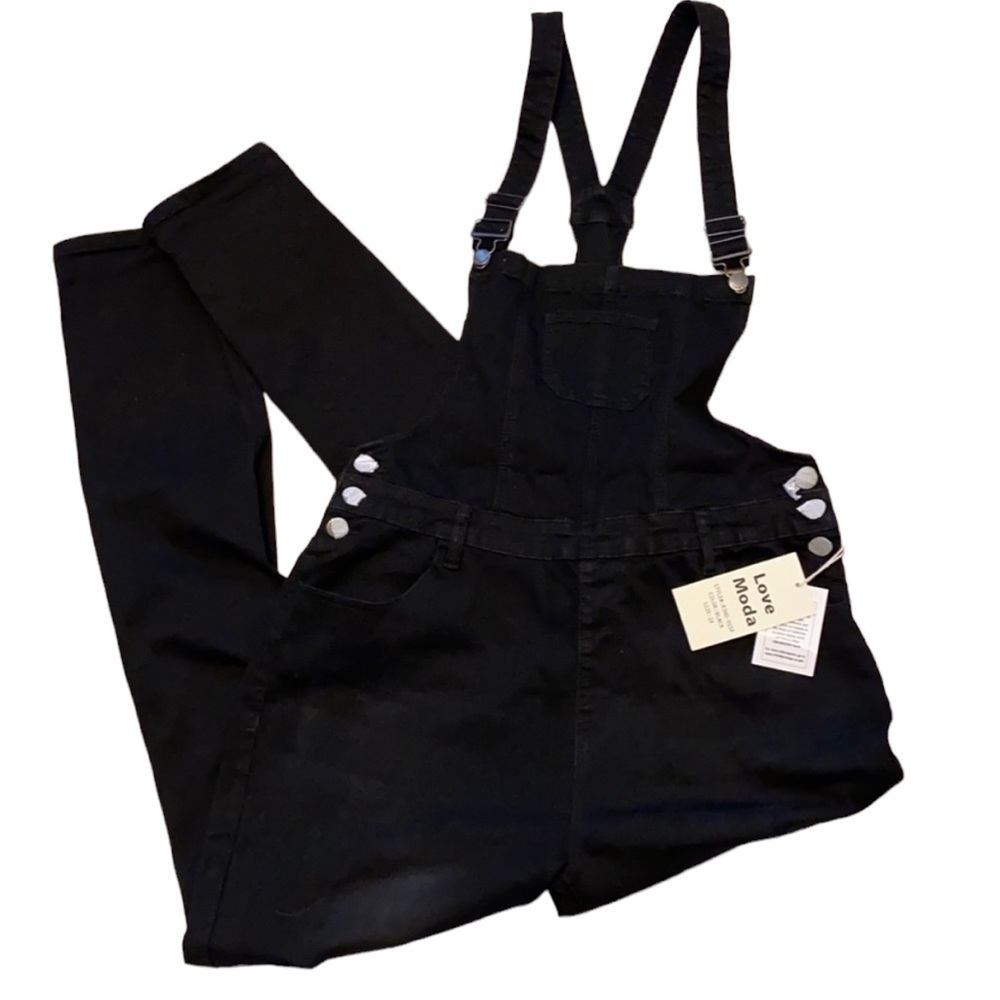 NWT Love Moda Black Distressed Black Jean Overalls Coveralls